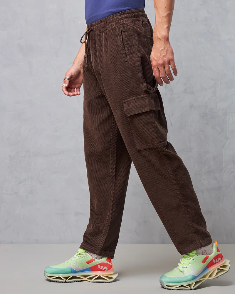 bewakoof Men's Brown Tapered Fit Japanese Cargo Carpenter Pants